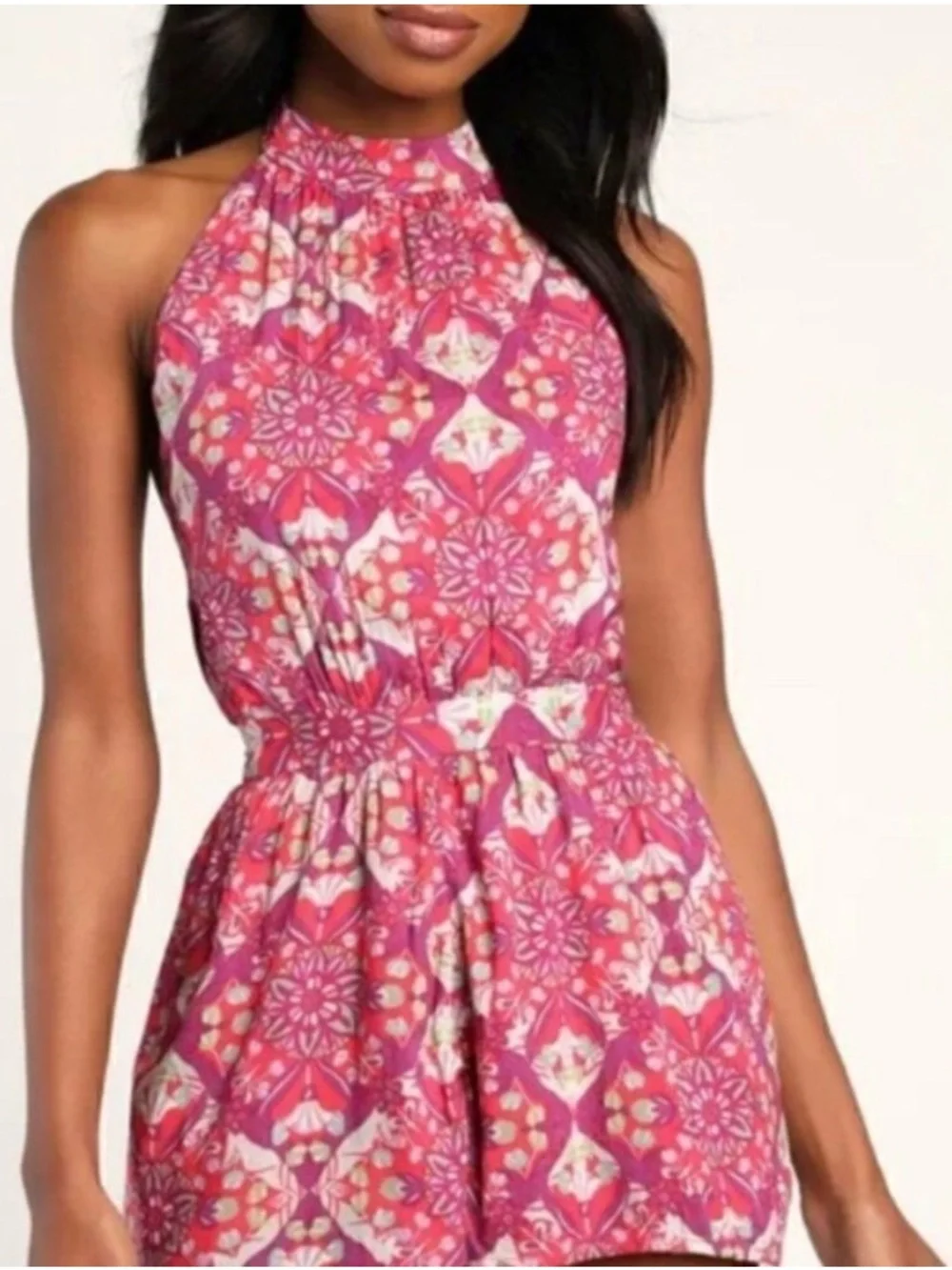 Free People Coral Tides Floral Pattern High Waisted Halter Romper Onepiece